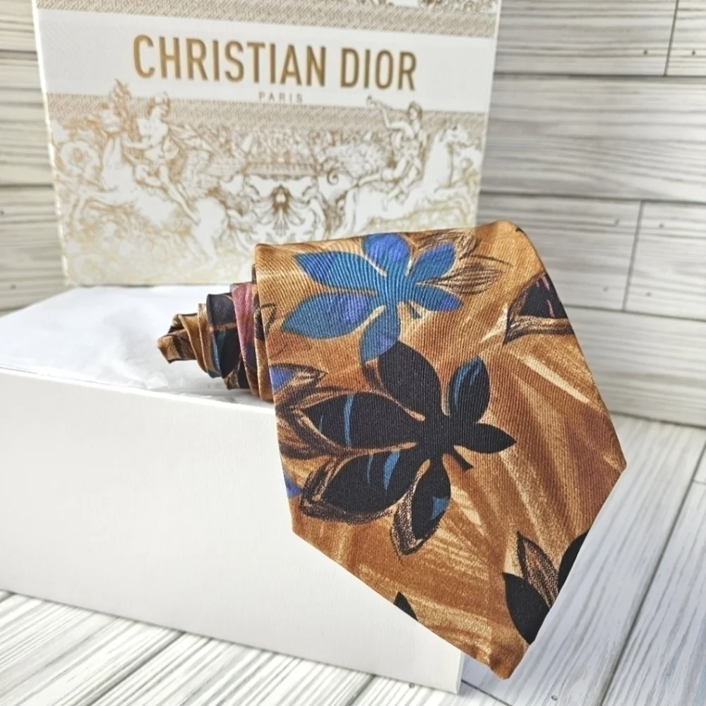 Vintage Christian Dior Wide Necktie in Brown Multi Abstract Floral
